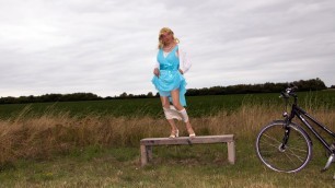 Saucy Biking - public posed in chiffon gown, silk lingerie and nylon stockings