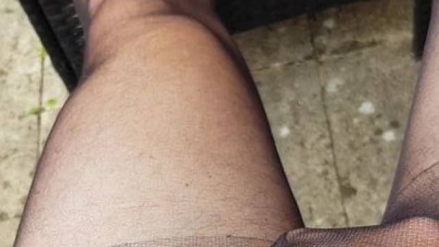 Black tights in the garden just stroking my thick cock