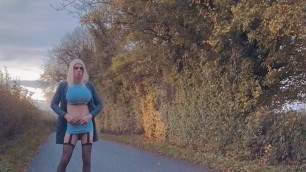 Busty blonde on the road