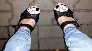 crossdresser shows off her beautiful feet in high heel wedges in public