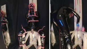 Strapped to Fucking Machine Chair in PVC Catsuit Gagged in Chastity